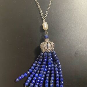 Lapis Lazuli & Freshwater Pearl Tassel Necklace – Sterling Silver Tone Artisan